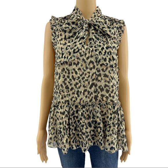 Kate Spade SMALL Cream Gold SILK Leopard Print Ruffle Neck Bow Top Blouse - Picture 1 of 5